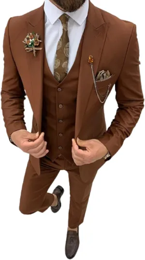 Men's 3 Piece Suit Formal Brown Tuxedo Slim Fit Blazer Vest Pants Wedding Prom Suits Set