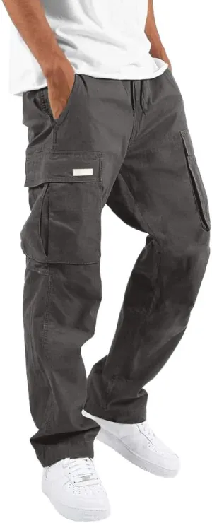 Mens Drawstring Cargo Pants Casual Solid Stretch Waist Sweatpants Running Athletic Tactical Trousers with Pockets