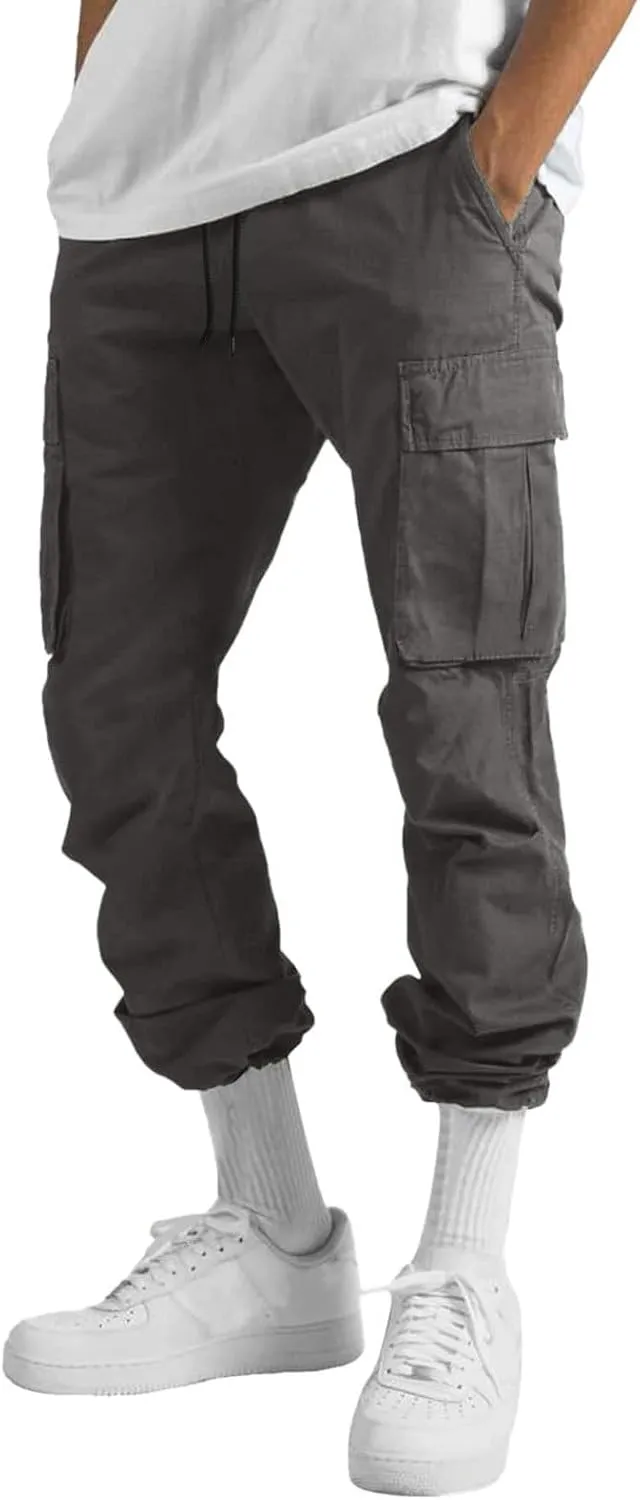 Mens Drawstring Cargo Pants Casual Solid Stretch Waist Sweatpants Running Athletic Tactical Trousers with Pockets