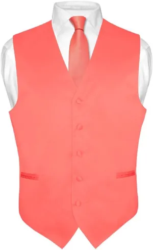 Men's Dress Vest & NeckTie Solid CORAL PINK Color Neck Tie Set for Suit or Tux