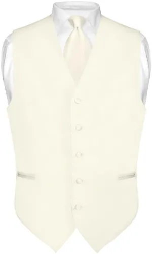 Men's Dress Vest & NeckTie Solid CREAM Color Neck Tie Set for Suit or Tuxedo