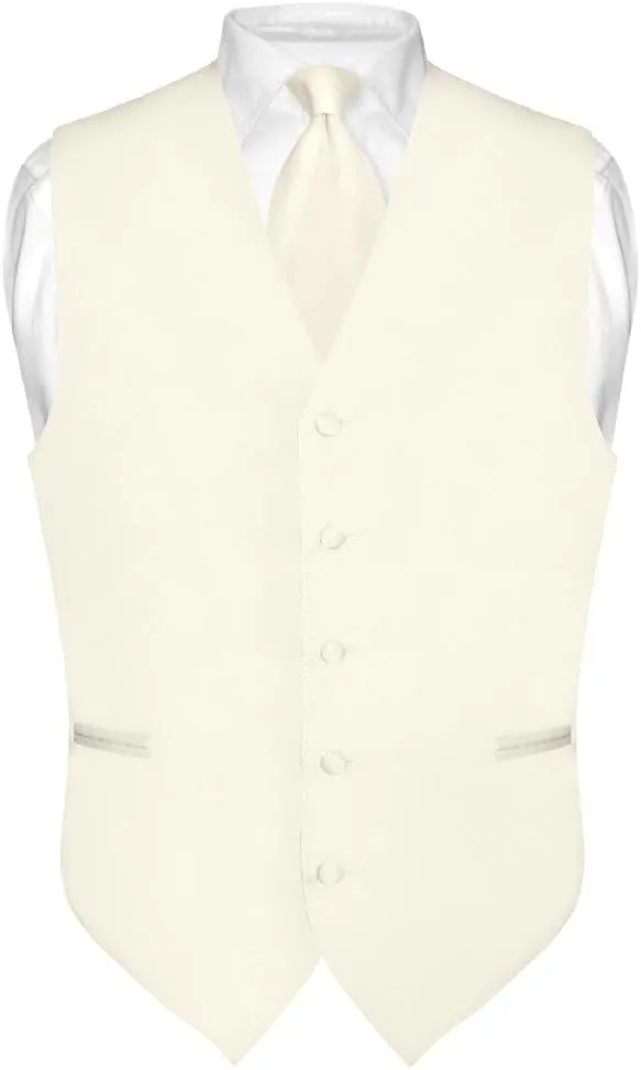 Men's Dress Vest & NeckTie Solid CREAM Color Neck Tie Set for Suit or Tuxedo