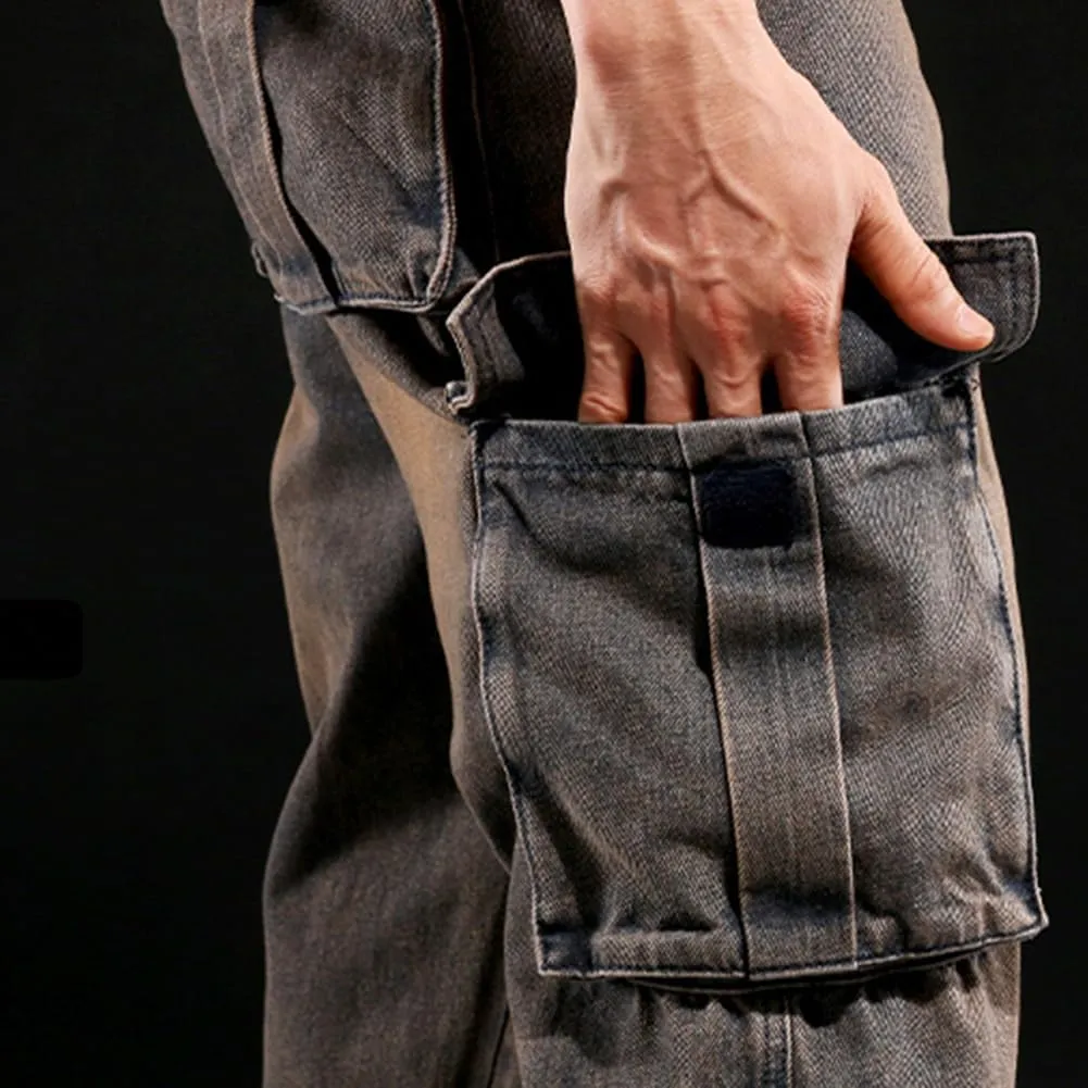 Mens Loose Fit Hip Hop Jeans Casual Cargo Denim Pants with Multi Pockets