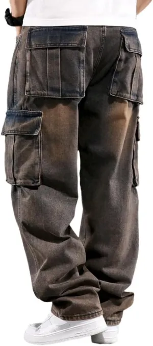 Mens Loose Fit Hip Hop Jeans Casual Cargo Denim Pants with Multi Pockets