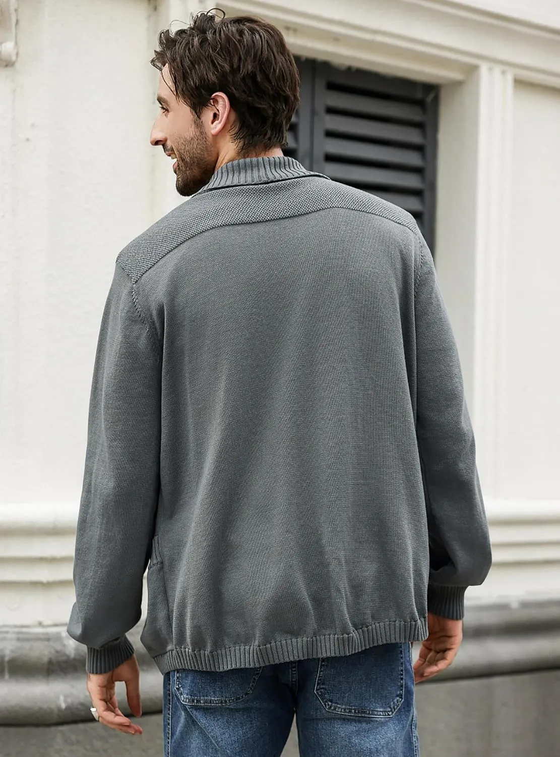 Men's Shawl Collar Long Sleeve Cardigan Knit Open Front with Pockets