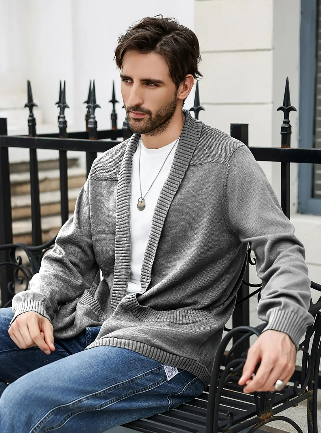Men's Shawl Collar Long Sleeve Cardigan Knit Open Front with Pockets
