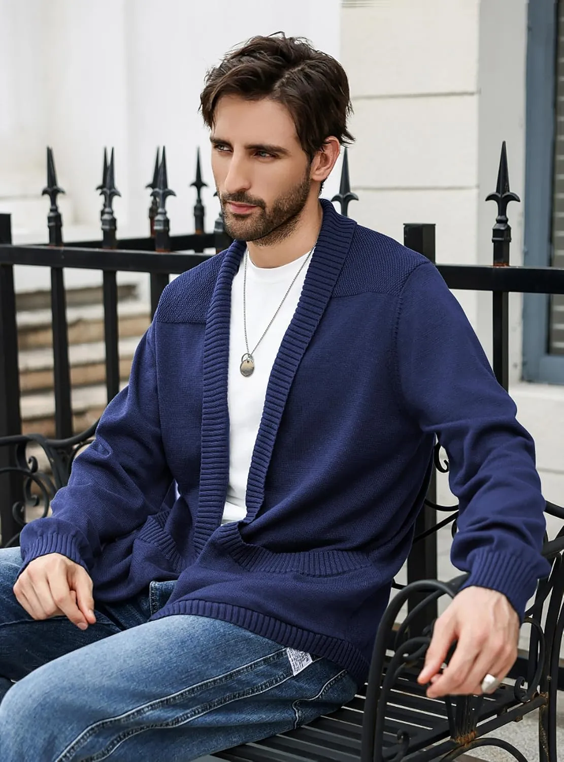 Men's Shawl Collar Long Sleeve Cardigan Knit Open Front with Pockets