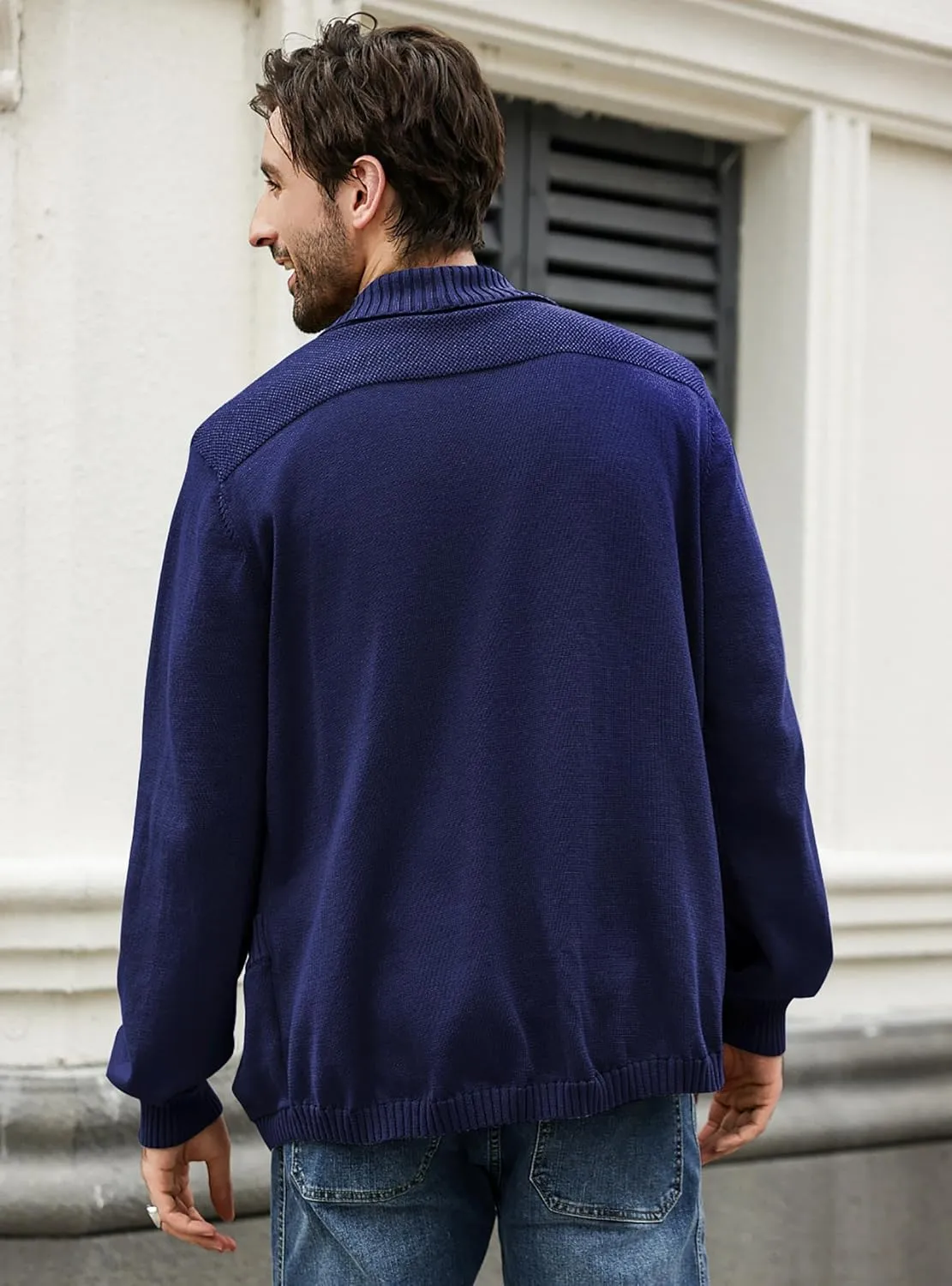 Men's Shawl Collar Long Sleeve Cardigan Knit Open Front with Pockets
