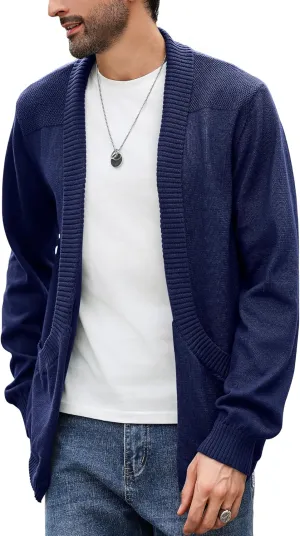 Men's Shawl Collar Long Sleeve Cardigan Knit Open Front with Pockets