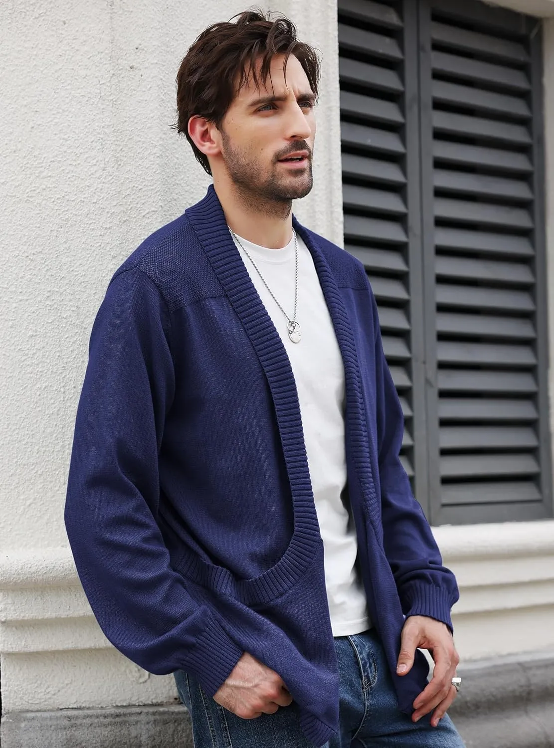 Men's Shawl Collar Long Sleeve Cardigan Knit Open Front with Pockets