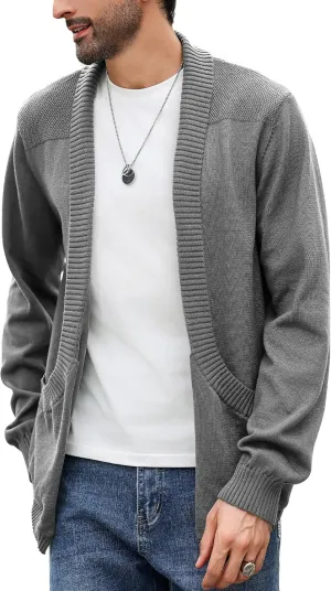 Men's Shawl Collar Long Sleeve Cardigan Knit Open Front with Pockets