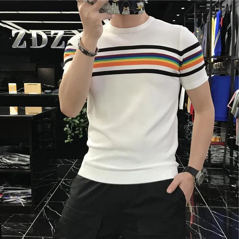 Men's Stretch Knit Patchwork Striped T-Shirt – Casual Short Sleeve O-Neck Streetwear Top