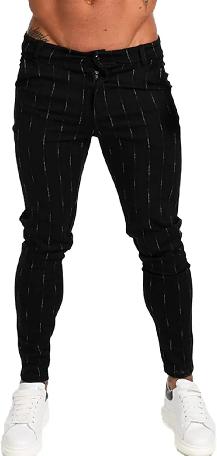 Men's Stripe Printed Dress Pants Skinny Stretch Chino Pencil Trousers Classic Slim Flat Front Golf Long Pants