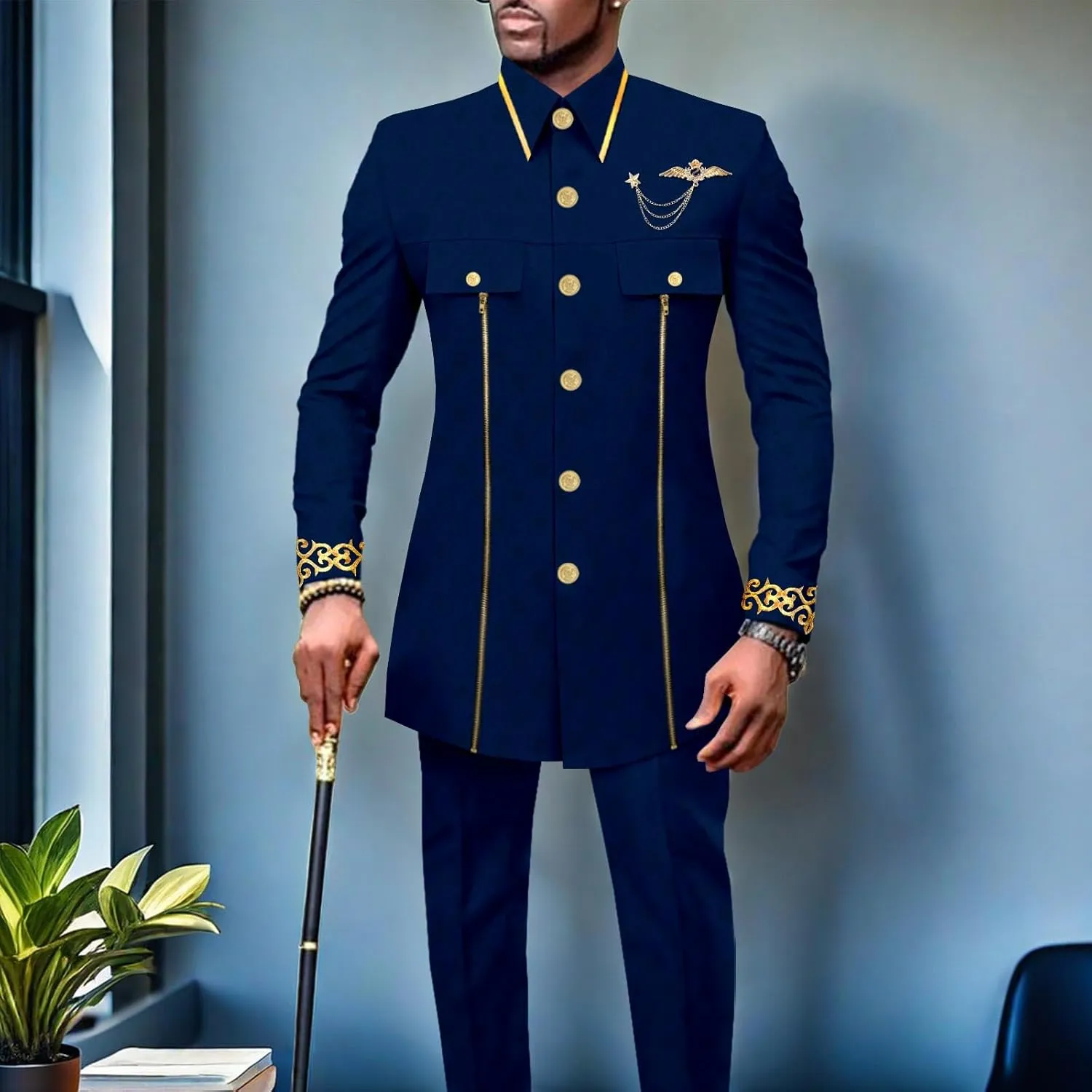 Men`s Suits African Clothes Slim Fit Embroidery Single Breasted Full Sleeve Zip Blazer and Pants Set
