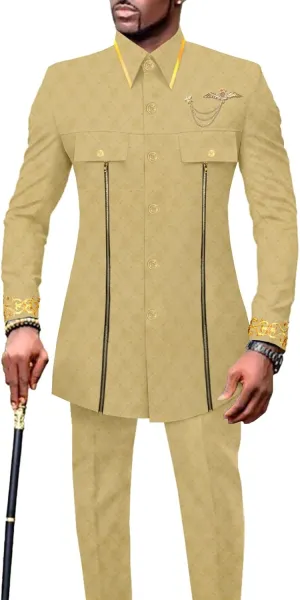 Men`s Suits African Clothes Slim Fit Embroidery Single Breasted Full Sleeve Zip Blazer and Pants Set
