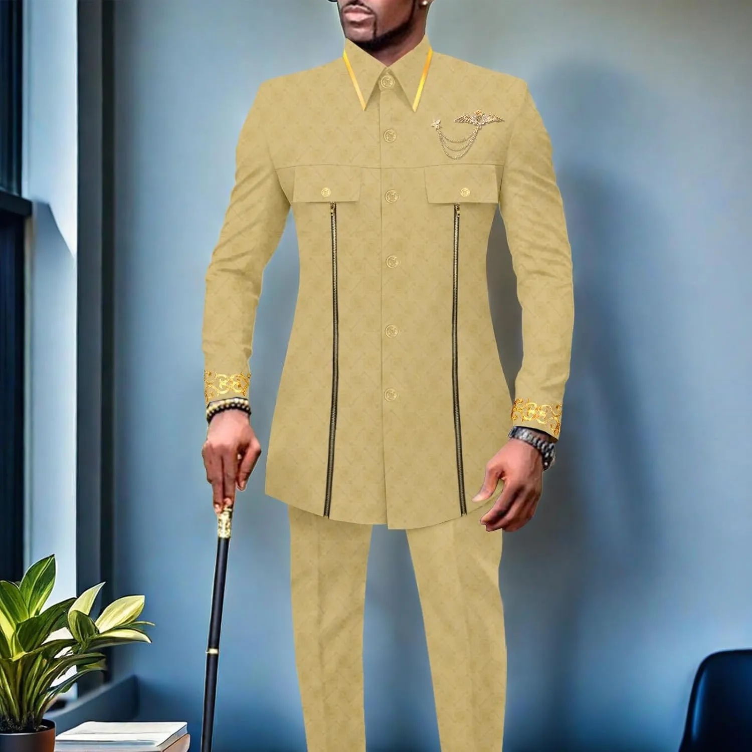 Men`s Suits African Clothes Slim Fit Embroidery Single Breasted Full Sleeve Zip Blazer and Pants Set