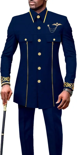 Men`s Suits African Clothes Slim Fit Embroidery Single Breasted Full Sleeve Zip Blazer and Pants Set