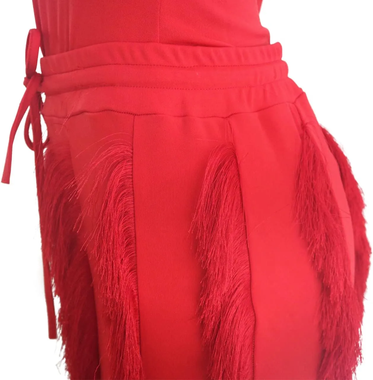 MESLIMA Casual 2 Pieces Outfits for Women Round Collar Long Sleeve Bodysuits with Fringe Long Pants Set Jumpsuits