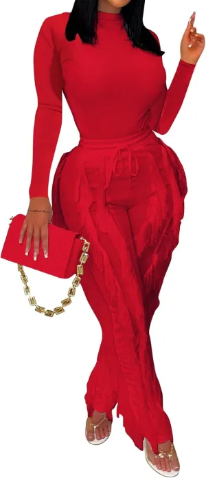 MESLIMA Casual 2 Pieces Outfits for Women Round Collar Long Sleeve Bodysuits with Fringe Long Pants Set Jumpsuits