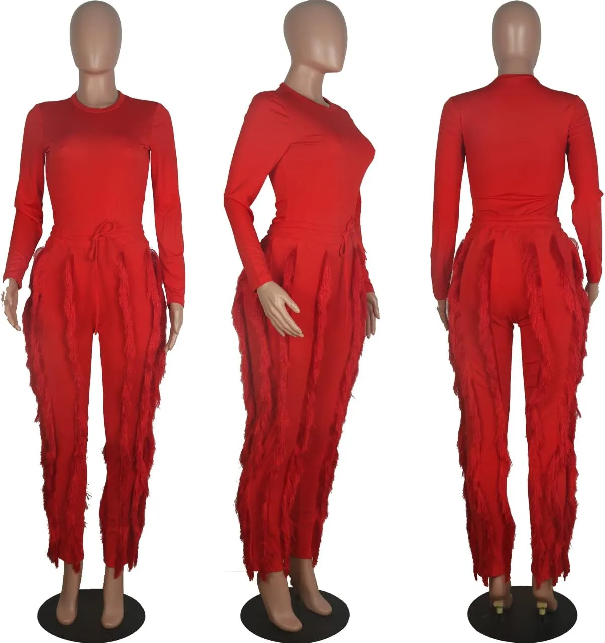MESLIMA Casual 2 Pieces Outfits for Women Round Collar Long Sleeve Bodysuits with Fringe Long Pants Set Jumpsuits