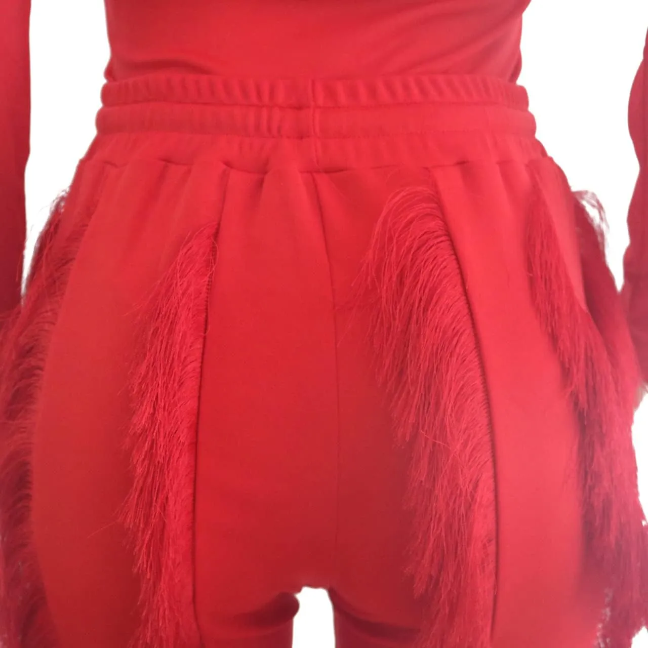 MESLIMA Casual 2 Pieces Outfits for Women Round Collar Long Sleeve Bodysuits with Fringe Long Pants Set Jumpsuits
