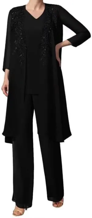 Mother of The Bride Pant Suits with Jacket Chiffon Evening Gowns Pantsuit 3PCs Wedding Guest Outfit Set
