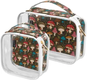Mushroom-grey-pattern 2 Pack Clear Toiletry Bag Women Men, Portable Waterproof Clear Pouch, Cosmetic Bag with Double Zippers Large Opening Traveling with Handle for Bathroom Traveling Vacation Organiz