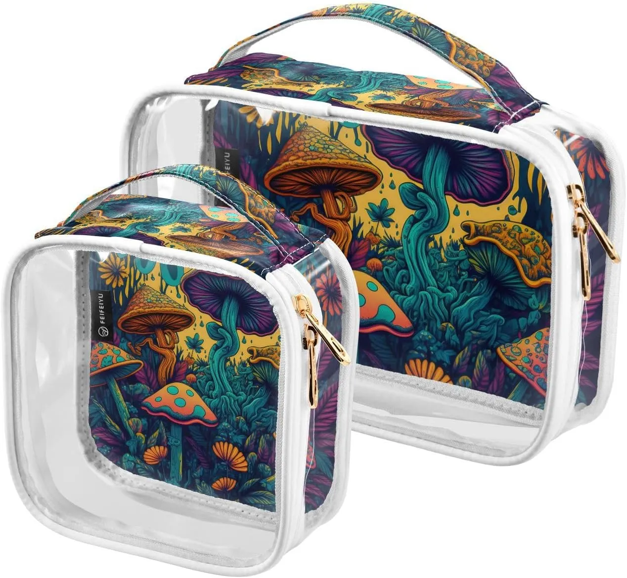 Mushrooms Print 2 Pack Clear Toiletry Bag Women Men, Portable Waterproof Clear Pouch, Cosmetic Bag with Double Zippers Large Opening Traveling with Handle for Bathroom Traveling Vacation Organizing
