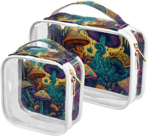 Mushrooms Print 2 Pack Clear Toiletry Bag Women Men, Portable Waterproof Clear Pouch, Cosmetic Bag with Double Zippers Large Opening Traveling with Handle for Bathroom Traveling Vacation Organizing