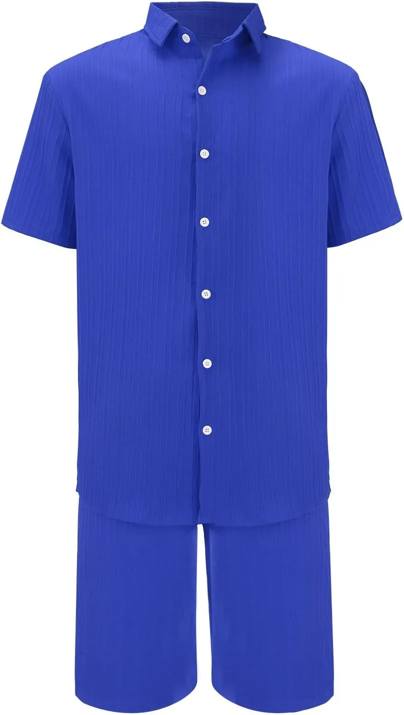 Muyise Men Short Sets 2 Piece Summer Outfits Casual Summer Button Down Short Sleeve Hawaiian Shirt and Drawstring Beach Short