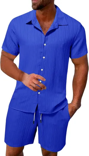Muyise Men Short Sets 2 Piece Summer Outfits Casual Summer Button Down Short Sleeve Hawaiian Shirt and Drawstring Beach Short