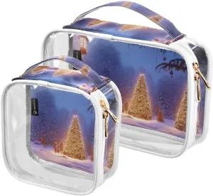 New-years-winter 2 Pack Clear Toiletry Bag Women Men, Portable Waterproof Clear Pouch, Cosmetic Bag with Double Zippers Large Opening Traveling with Handle for Bathroom Traveling Vacation Organizing