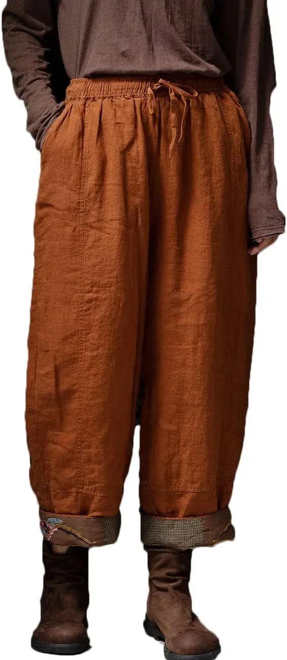 NFYM Women's Casual Cropped Pants Winter Quilted Wide Leg Elastic Waist Embroidered Harem Trousers with Pockets