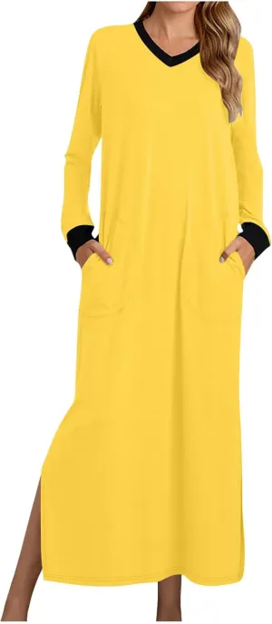 Night Dress for Women V Neck Long Sleeve Patchwork Side Slit Elegant Dresses Pullover Sleepwear Dress with Pockets