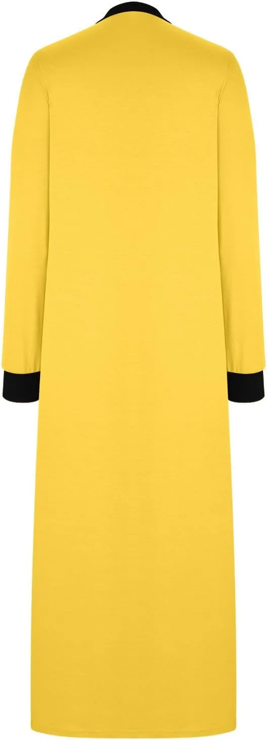Night Dress for Women V Neck Long Sleeve Patchwork Side Slit Elegant Dresses Pullover Sleepwear Dress with Pockets