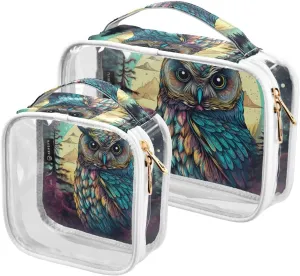 Owl-cartoon Pattern 2 Pack Clear Toiletry Bag Women Men, Portable Waterproof Clear Pouch, Cosmetic Bag with Double Zippers Large Opening Traveling with Handle for Bathroom Traveling Vacation Organizin