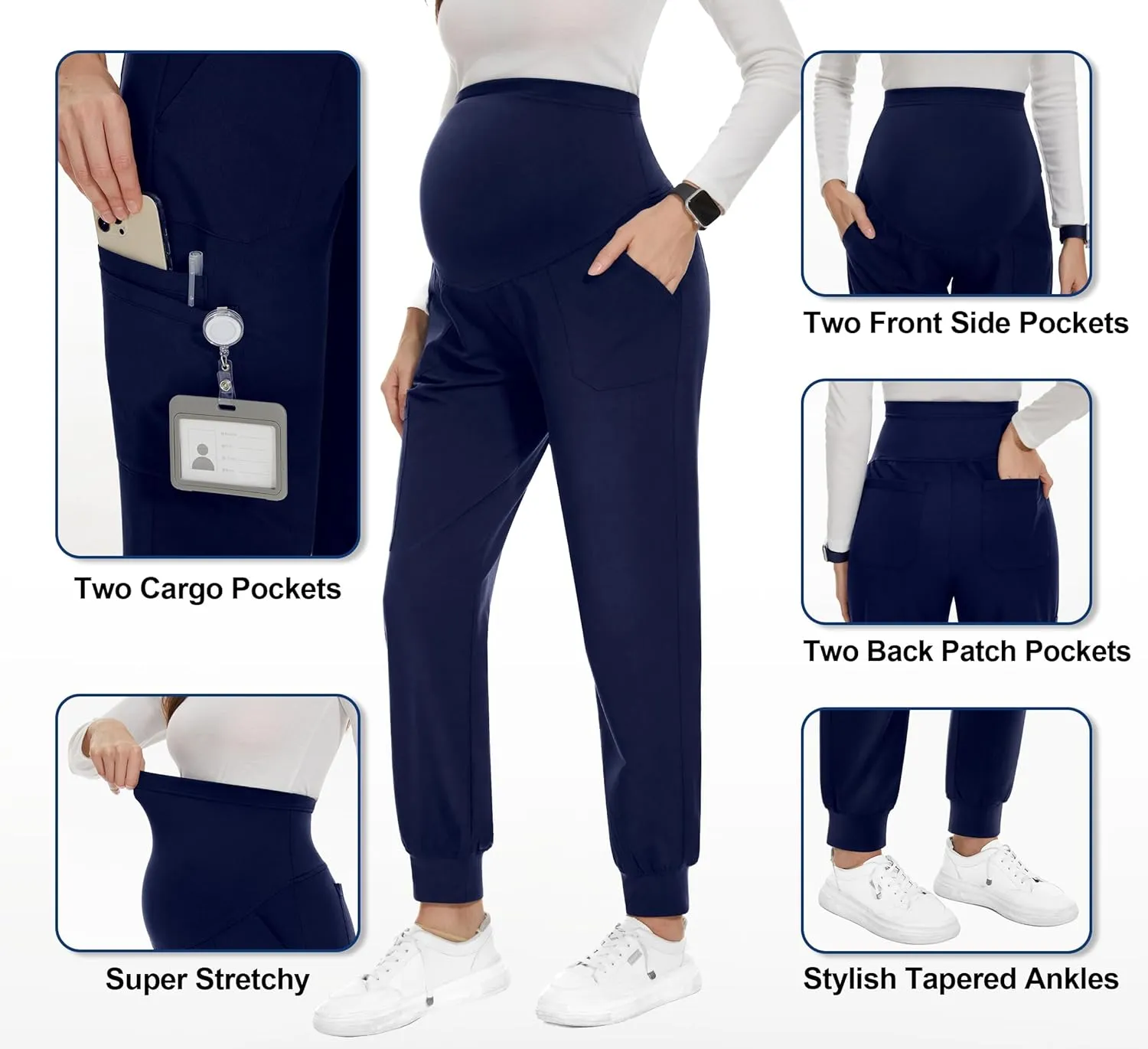PACBREEZE Women's Maternity Scrubs with 6 Pockets, Workwear Maternity Jogger Scrubs Pregnancy Pants, S-XXL