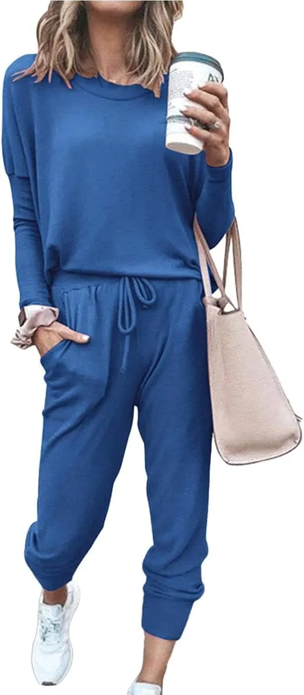 Paintcolors Women's 2 Piece Outfit Long Sleeve Crewneck Tracksuit Solid Color Sweatsuit Lounge Matching Set with Pockets