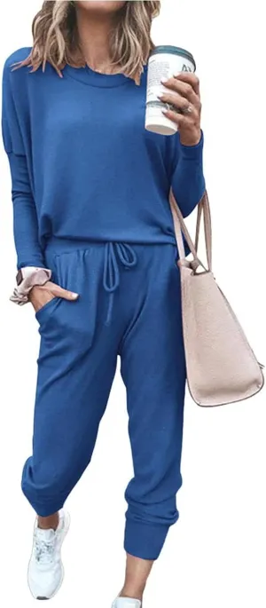 Paintcolors Women's 2 Piece Outfit Long Sleeve Crewneck Tracksuit Solid Color Sweatsuit Lounge Matching Set with Pockets