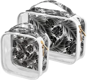 Palms-leaves-black-white Pattern 2 Pack Clear Toiletry Bag Women Men, Portable Waterproof Clear Pouch, Cosmetic Bag with Double Zippers Large Opening Traveling with Handle for Bathroom Traveling Vacat