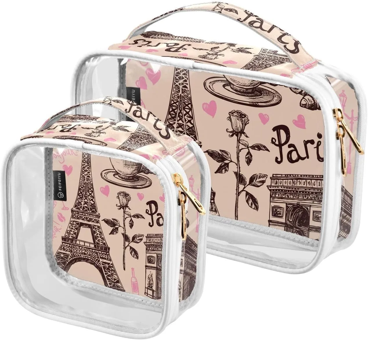 Paris-symbols 2 Pack Clear Toiletry Bag Women Men, Portable Waterproof Clear Pouch, Cosmetic Bag with Double Zippers Large Opening Traveling with Handle for Bathroom Traveling Vacation Organizing