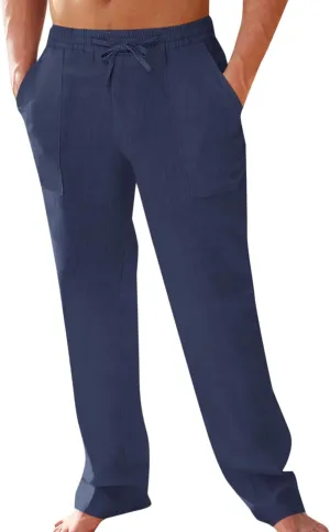 PASLTER Men's Cotton Linen Pants Elastic Waist Drawstring Casual Trouser Lightweight Straight-Legs Loose Beach Yoga Pants