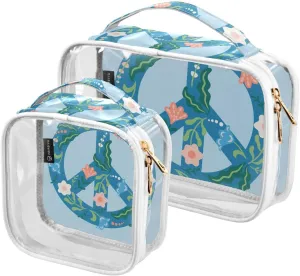 Peace Blue Pattern 2 Pack Clear Toiletry Bag Women Men, Portable Waterproof Clear Pouch, Cosmetic Bag with Double Zippers Large Opening Traveling with Handle for Bathroom Traveling Vacation Organizing