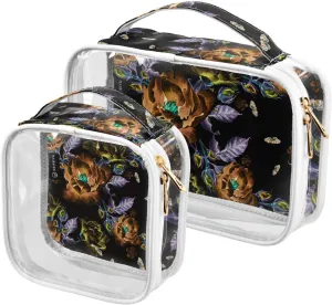 Peony-flowers 2 Pack Clear Toiletry Bag Women Men, Portable Waterproof Clear Pouch, Cosmetic Bag with Double Zippers Large Opening Traveling with Handle for Bathroom Traveling Vacation Organizing