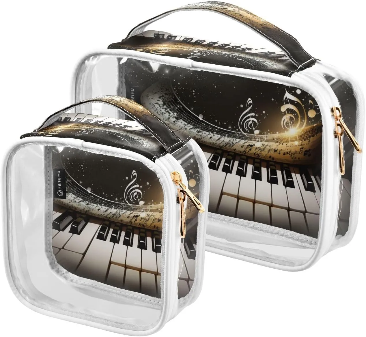 Piano-music-notes-background 2 Pack Clear Toiletry Bag Women Men, Portable Waterproof Clear Pouch, Cosmetic Bag with Double Zippers Large Opening Traveling with Handle for Bathroom Traveling Vacation