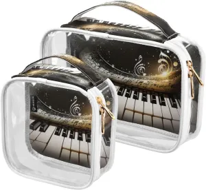 Piano-music-notes-background 2 Pack Clear Toiletry Bag Women Men, Portable Waterproof Clear Pouch, Cosmetic Bag with Double Zippers Large Opening Traveling with Handle for Bathroom Traveling Vacation
