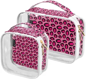 Pink-animal-print 2 Pack Clear Toiletry Bag Women Men, Portable Waterproof Clear Pouch, Cosmetic Bag with Double Zippers Large Opening Traveling with Handle for Bathroom Traveling Vacation Organizing
