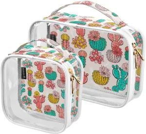 Pink Cactus-pattern 2 Pack Clear Toiletry Bag Women Men, Portable Waterproof Clear Pouch, Cosmetic Bag with Double Zippers Large Opening Traveling with Handle for Bathroom Traveling Vacation Organizin