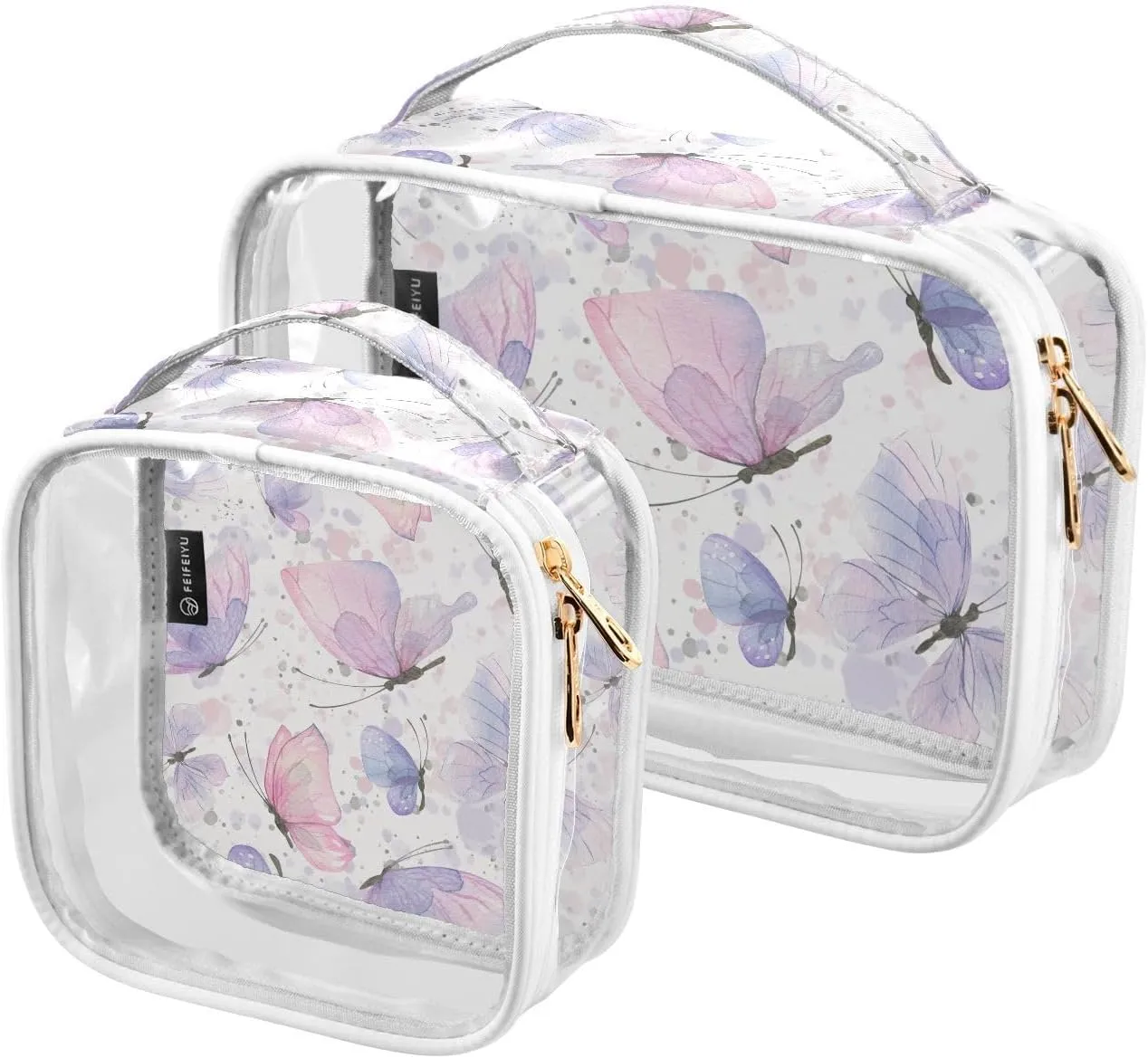 Pink-lilac-butterflies 2 Pack Clear Toiletry Bag Women Men, Portable Waterproof Clear Pouch, Cosmetic Bag with Double Zippers Large Opening Traveling with Handle for Bathroom Traveling Vacation Organi