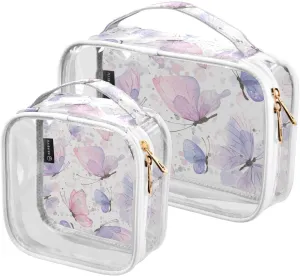Pink-lilac-butterflies 2 Pack Clear Toiletry Bag Women Men, Portable Waterproof Clear Pouch, Cosmetic Bag with Double Zippers Large Opening Traveling with Handle for Bathroom Traveling Vacation Organi